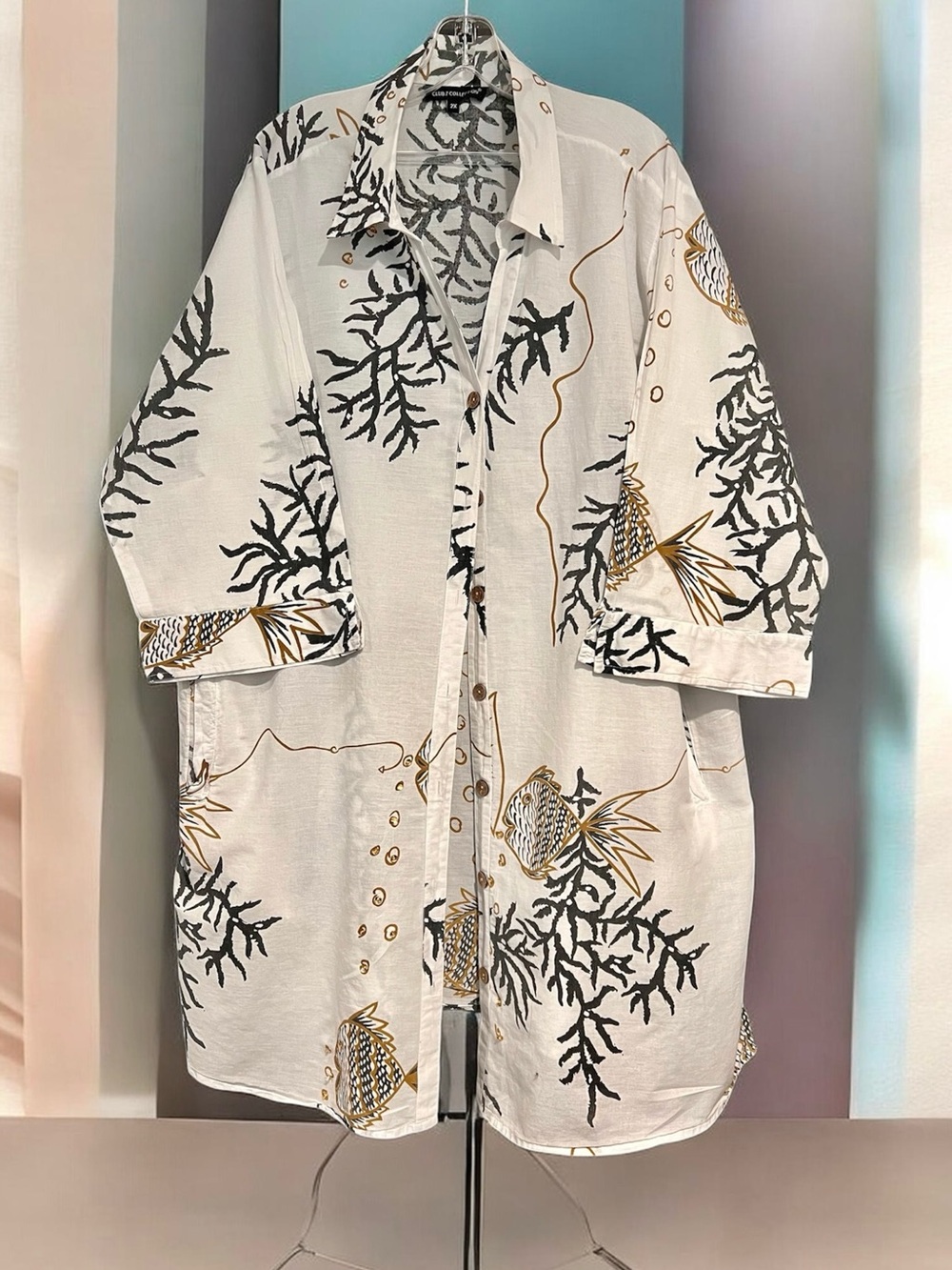 Women's black and gold aquatic fish and coral print Swim Cover-Up Shirt